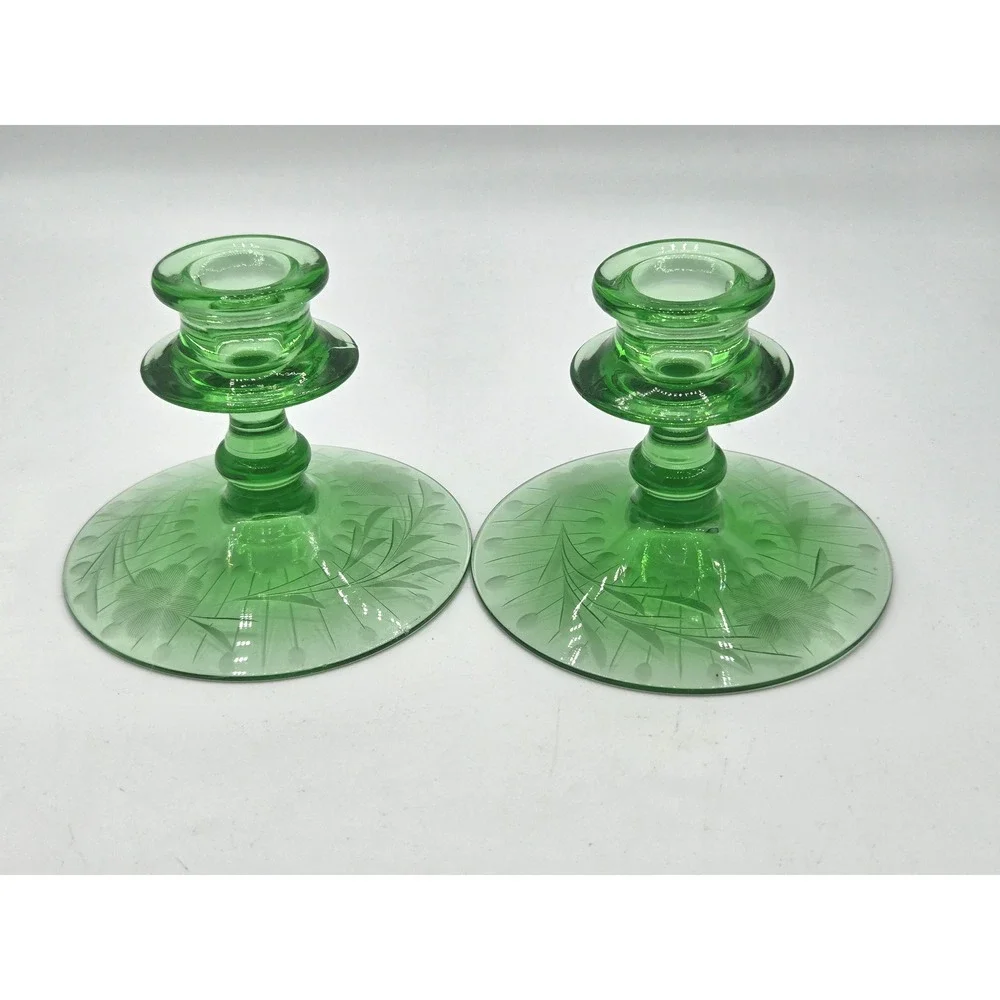 Stunning Pair of Etched Uranium Glass Candlesticks!‎